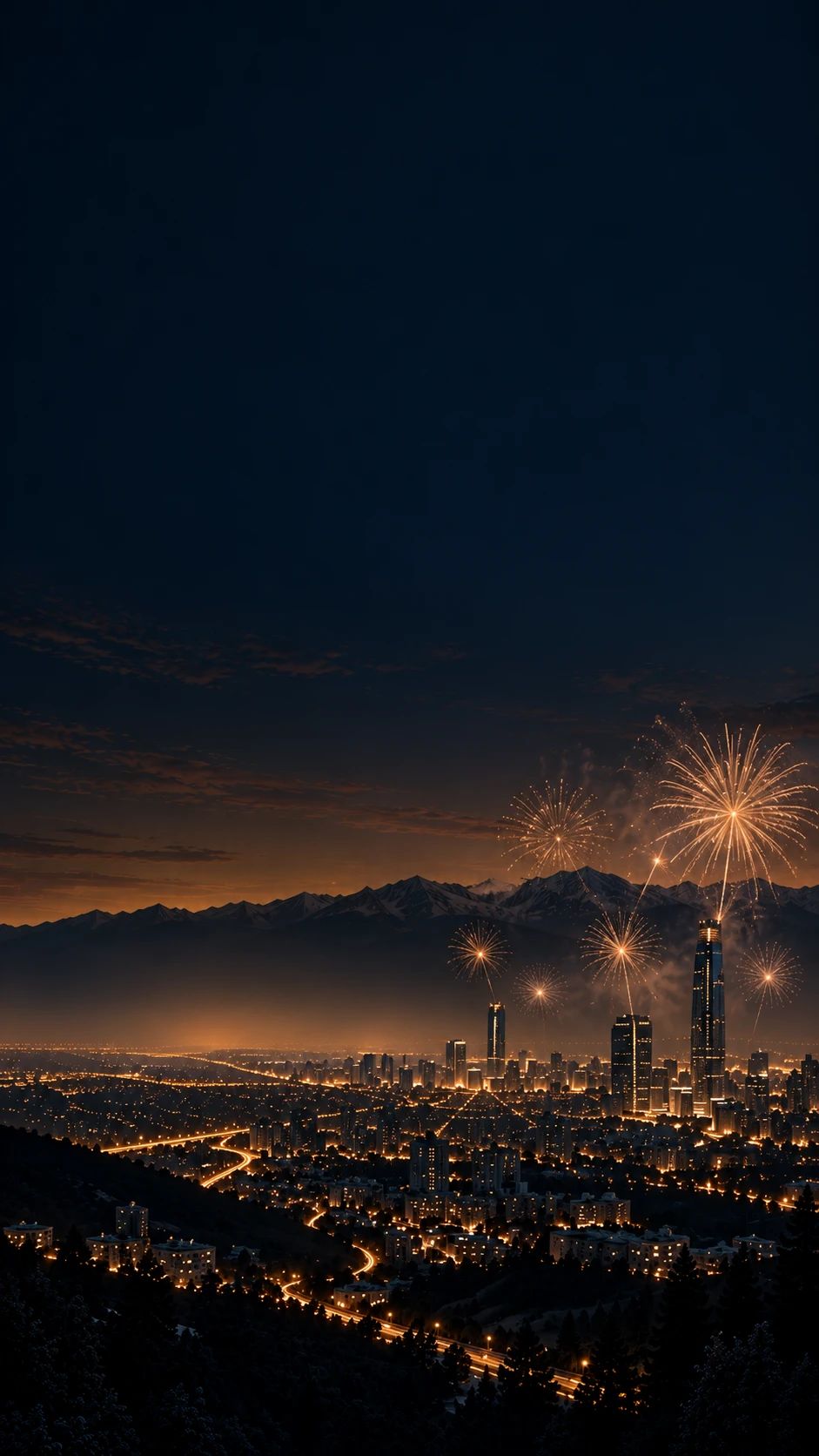 Santiago de noche con la cordillera y fuegos artificiales sobre la Gran Torre